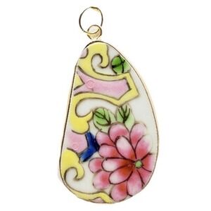 Vintage Broken China Floral Necklace Pendant Oblong Teardrop Ceramic Flower Drop
